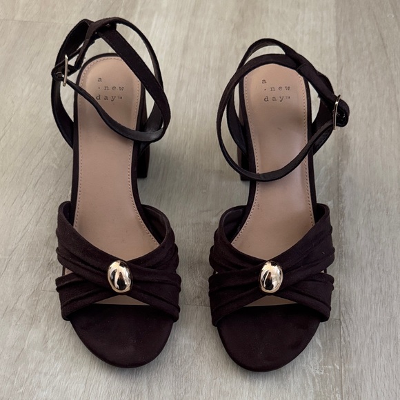 a new day Shoes - a new day Brown Strappy Block Heel Sandals with Gold Accent